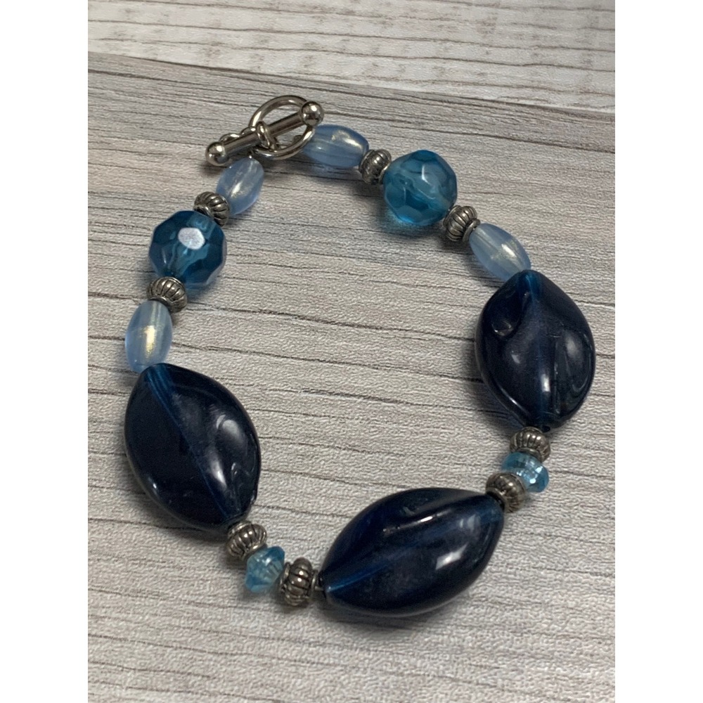 Blue Beaded Toggle Bracelet Silver Tone Navy Cobalt Iridescent Glass 5249